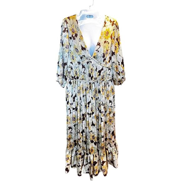 New Polo by Ralph Lauren Buttercup Satin Floral Plissé Pleated Midi Dress Sz 4 - Picture 2 of 13